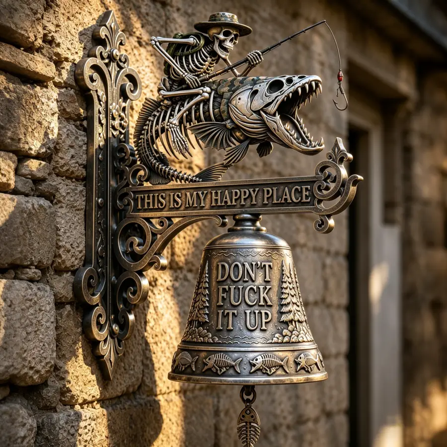 Skeleton Fisherman Wall Bell This Is My Happy Place Funny Decor